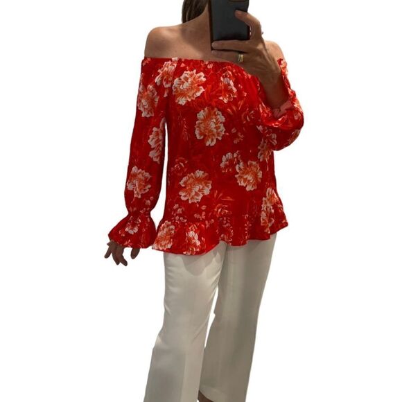 INC INTERNATIONAL CONCEPTS Floral Red Off Shoulder Top.Size S - Picture 1 of 11